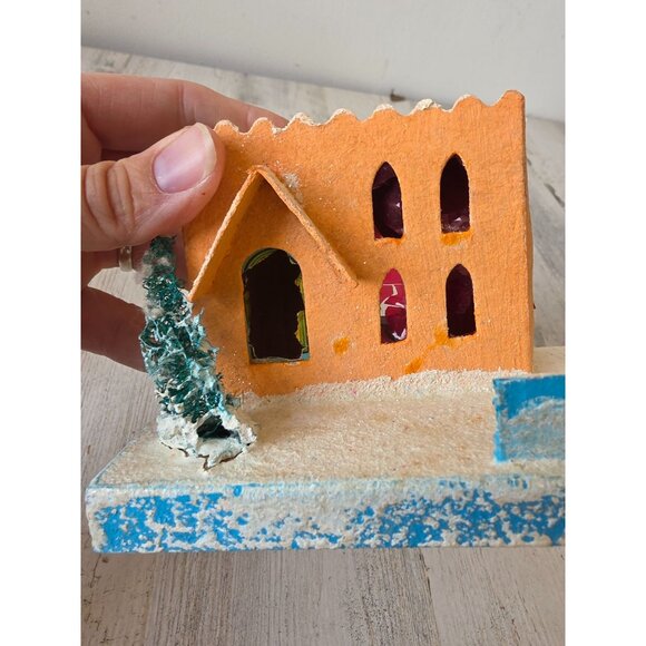 Vintage putz mica paper Orange adobe house village flocked tree Japan Xmas decor - Picture 2 of 8